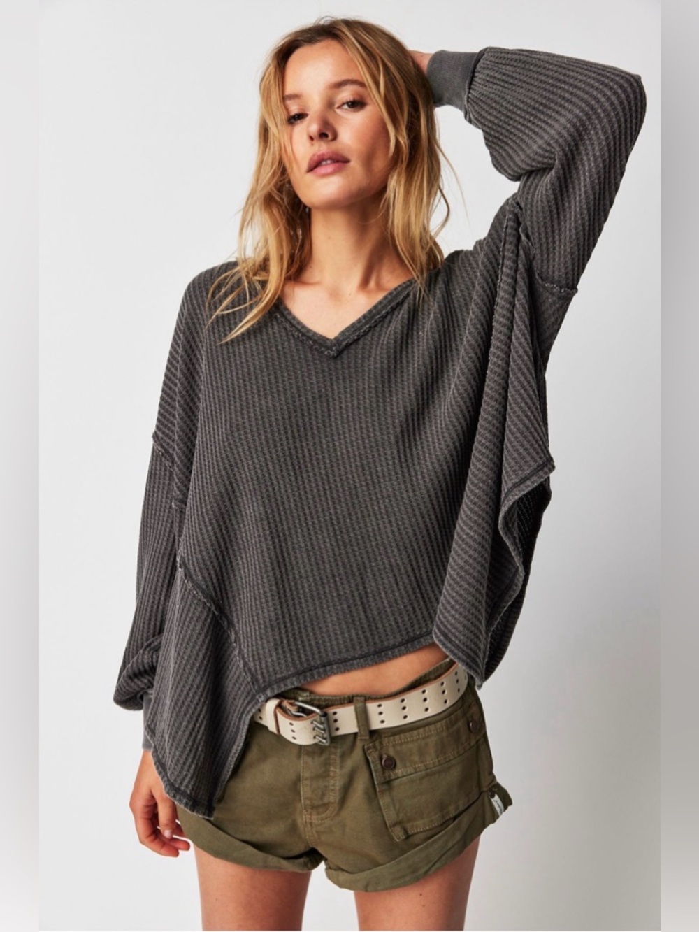 Free People We The Free Coraline Thermal Classic Waffle Knit Relaxed Fit Gray M